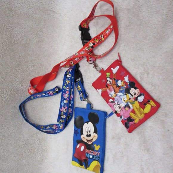 Disney Mickey Mouse and Friends Set of Two (2) Red + Blue Lanyards w/ Coin Purse